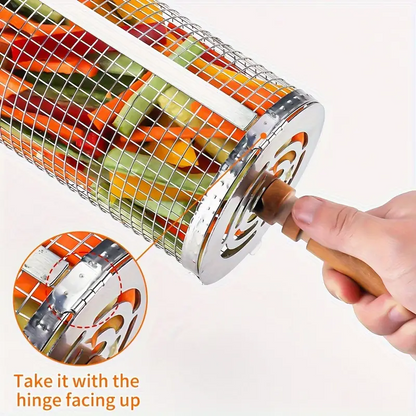 2-Pack Stainless Steel Rotating Grill Baskets with Removable Wooden Handle – Durable 304 Mesh for Veggies, Prawns & More – Perfect for BBQ, Camping & Outdoor Cooking, Great Gift for Dad or Husband - Image 5