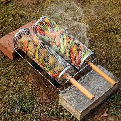 2-Pack Stainless Steel Rotating Grill Baskets with Removable Wooden Handle – Durable 304 Mesh for Veggies, Prawns & More – Perfect for BBQ, Camping & Outdoor Cooking, Great Gift for Dad or Husband - Image 6