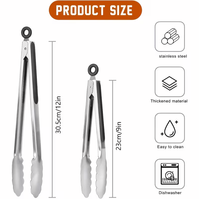 Stainless steel kitchen tongs set (2 pieces), silicone anti-slip handle, lockable barbecue food tongs, 22.86cm & 30.48cm, barbecue cooking tools - Image 3