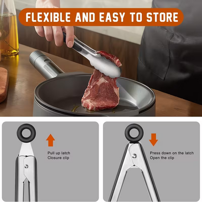 Stainless steel kitchen tongs set (2 pieces), silicone anti-slip handle, lockable barbecue food tongs, 22.86cm & 30.48cm, barbecue cooking tools - Image 5