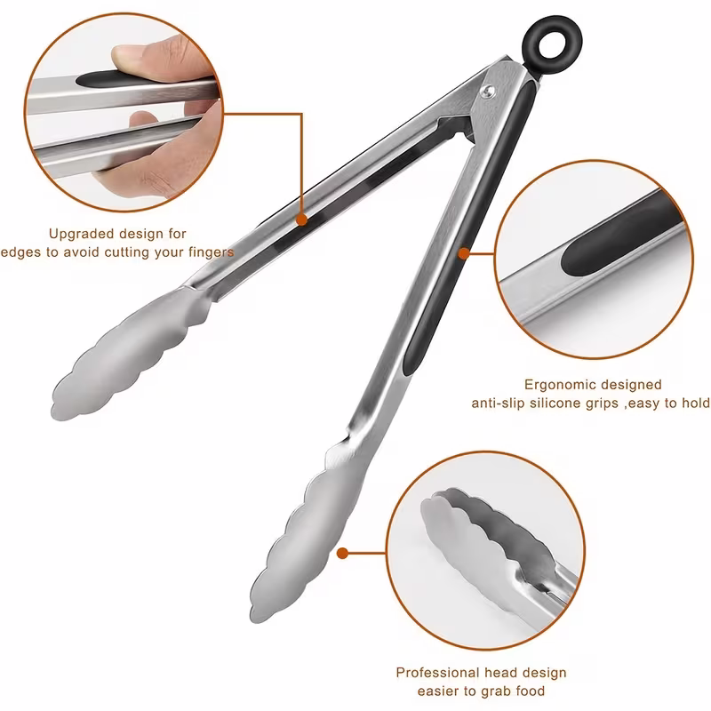 Stainless steel kitchen tongs set (2 pieces), silicone anti-slip handle, lockable barbecue food tongs, 22.86cm & 30.48cm, barbecue cooking tools - Image 6