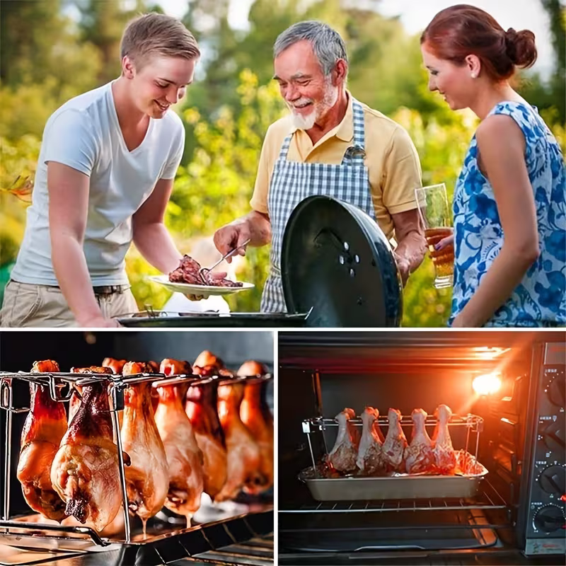 Stainless steel chicken leg and wing rack three-piece set: Foldable standing grill + baking tray + cleaning brush. Suitable for barbecues, smoking, and ovens. Ideal choice for picnics and camping - Image 2