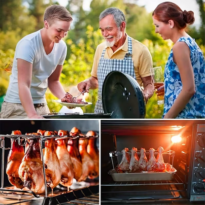 Stainless steel chicken leg and wing rack three-piece set: Foldable standing grill + baking tray + cleaning brush. Suitable for barbecues, smoking, and ovens. Ideal choice for picnics and camping - Image 2