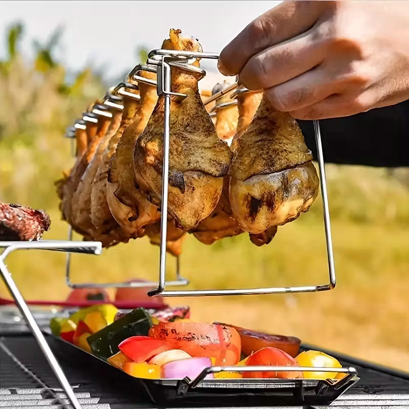 Stainless steel chicken leg and wing rack three-piece set: Foldable standing grill + baking tray + cleaning brush. Suitable for barbecues, smoking, and ovens. Ideal choice for picnics and camping - Image 3