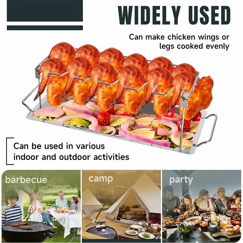 Stainless steel chicken leg and wing rack three-piece set: Foldable standing grill + baking tray + cleaning brush. Suitable for barbecues, smoking, and ovens. Ideal choice for picnics and camping - Image 4
