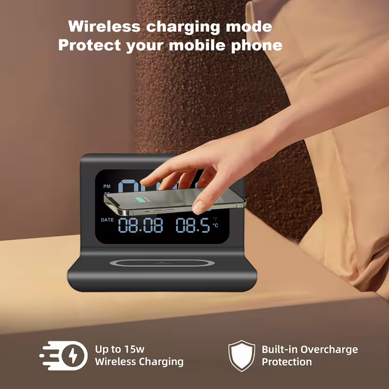 3-in-1 wireless charger, time and temperature display, bedroom desk alarm clock, iPhone 16 15 14 13 12 11 Pro Max/Mini/Plus/XR/X/8 AirPods 2/3/4/Pro/Pro 2 charging dock AirPods 4/3 /Pro/2, compatible with Samsung S25/S23/S22/S21/S20/ Galaxy Buds - Image 3