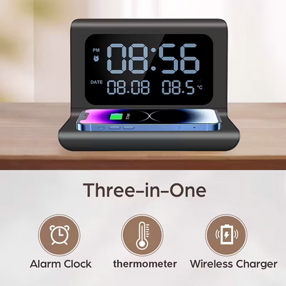 3-in-1 wireless charger, time and temperature display, bedroom desk alarm clock, iPhone 16 15 14 13 12 11 Pro Max/Mini/Plus/XR/X/8 AirPods 2/3/4/Pro/Pro 2 charging dock AirPods 4/3 /Pro/2, compatible with Samsung S25/S23/S22/S21/S20/ Galaxy Buds - Image 5