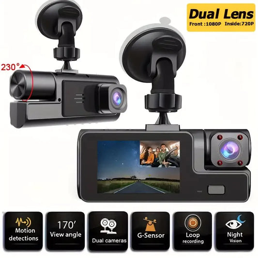 Car recorder with dual recording function | Front and rear cameras | Front camera 1080P & Internal camera 720P, 170° wide-angle, night vision function, small car recorder, suitable for cars, 24-hour parking monitoring, loop recording, gravity sensor, does