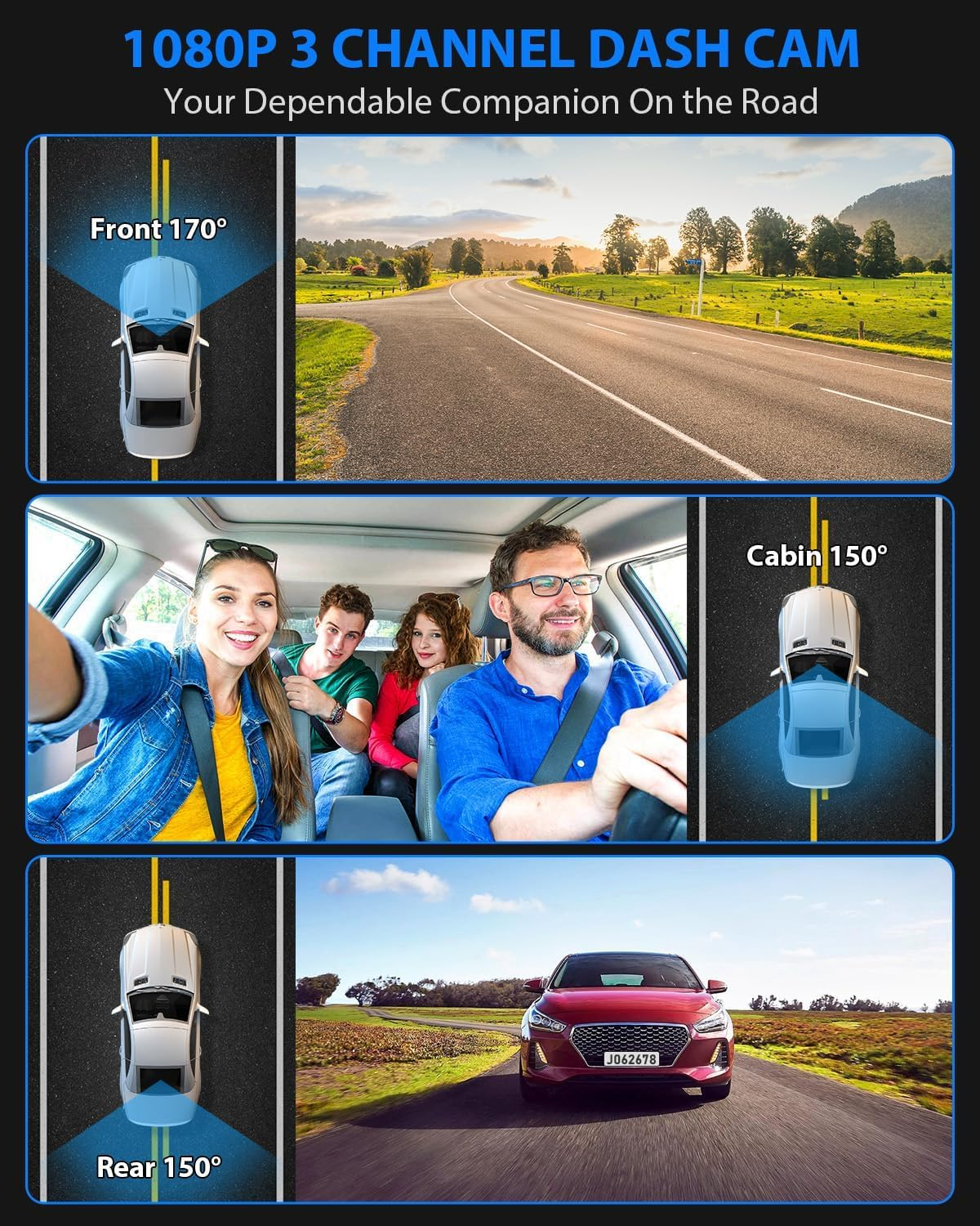 Three-camera dash cam C309, equipped with dual front cameras, an interior camera and a reversing camera - a dash cam for cars. Supports WIFI, loop recording, night vision, motion detection, parking monitoring - suitable for taxis, trucks, SUVs, sedans - c - Image 5