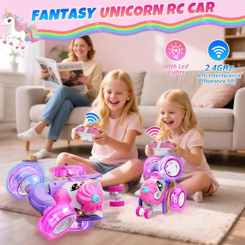 Unicorn remote control car for girls, 360° rotating four-wheel drive stunt remote control car with cute lights, rechargeable toy - children's birthday gift - Image 2