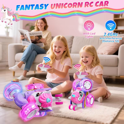Unicorn remote control car for girls, 360° rotating four-wheel drive stunt remote control car with cute lights, rechargeable toy - children's birthday gift - Image 2