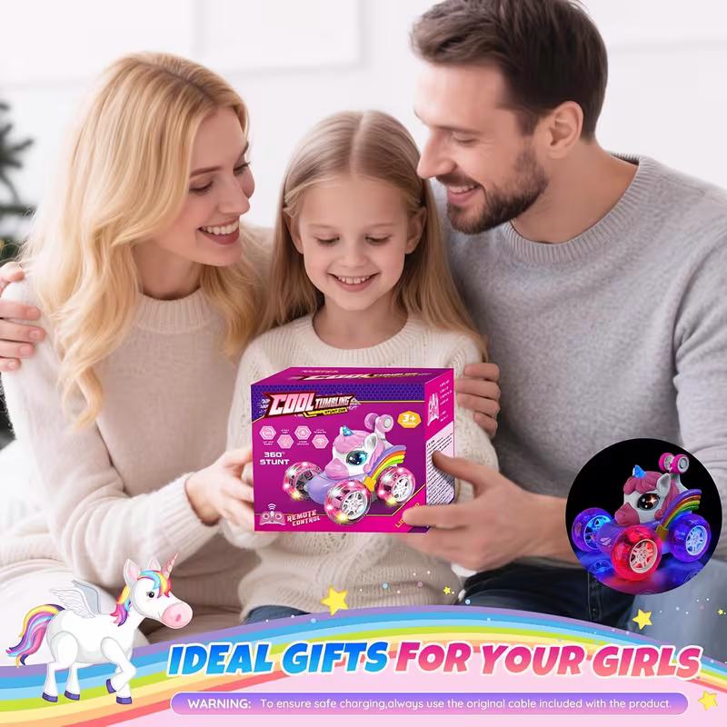 Unicorn remote control car for girls, 360° rotating four-wheel drive stunt remote control car with cute lights, rechargeable toy - children's birthday gift - Image 5