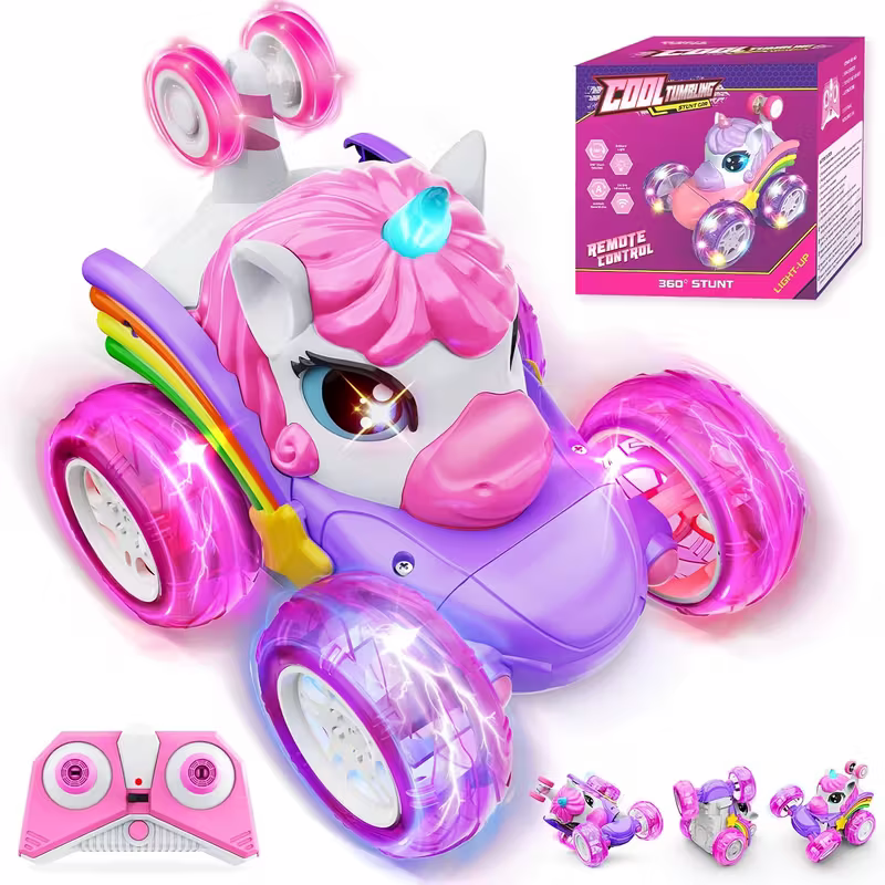 Unicorn remote control car for girls, 360° rotating four-wheel drive stunt remote control car with cute lights, rechargeable toy - children's birthday gift - Image 6