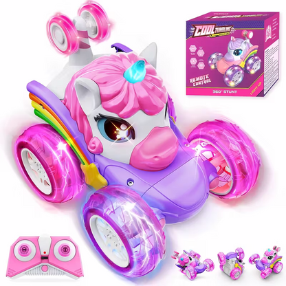 Unicorn remote control car for girls, 360° rotating four-wheel drive stunt remote control car with cute lights, rechargeable toy - children's birthday gift - Image 6