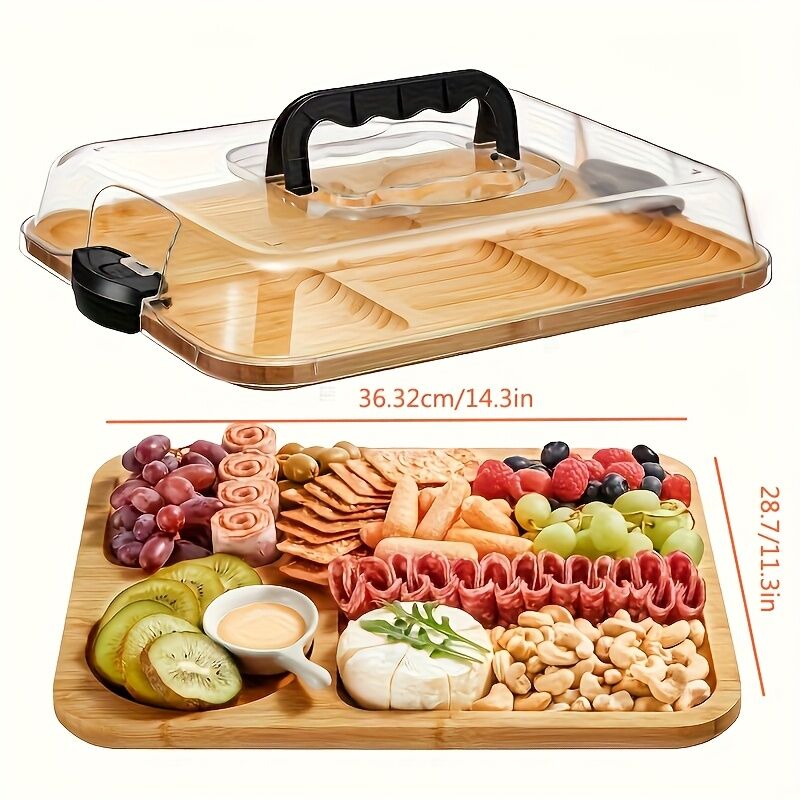 1pc Cheese Tray with Transparent Acrylic Lid - Portable Deli Platter for Camping, Parties, Restaurants | Holiday Appetizer, Deli and Snack Serving Tray, Back Can Be Used for Cutting Board, Party Snack Organizer, Safe Snapon Lid - Image 2