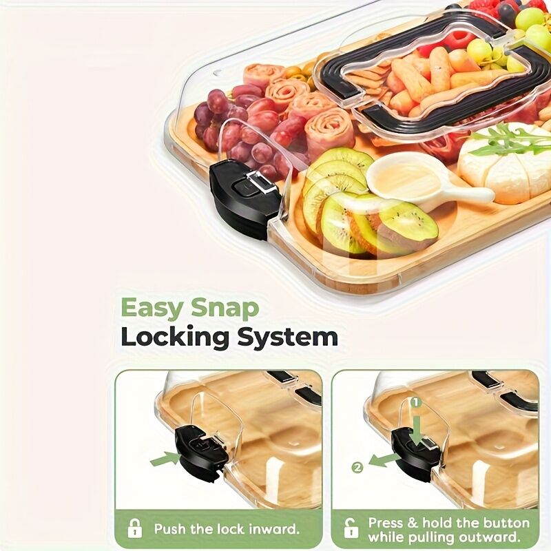 1pc Cheese Tray with Transparent Acrylic Lid - Portable Deli Platter for Camping, Parties, Restaurants | Holiday Appetizer, Deli and Snack Serving Tray, Back Can Be Used for Cutting Board, Party Snack Organizer, Safe Snapon Lid - Image 5