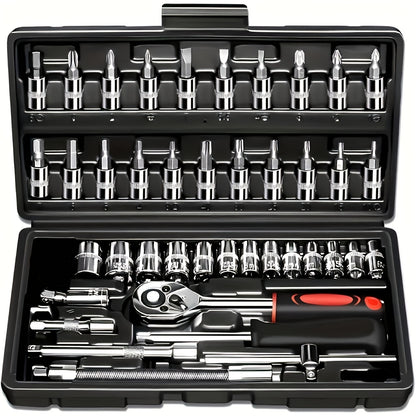 Basic automotive repair manual tool set, including a set of mechanical tools, including ratchet handle, extension pole, universal joint, slider, SAE and metric sockets, hex wrench, and plastic toolbox, excluding batteries. Uncharged manual tool set