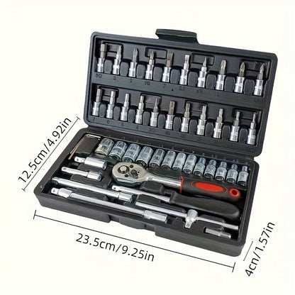 Basic automotive repair manual tool set, including a set of mechanical tools, including ratchet handle, extension pole, universal joint, slider, SAE and metric sockets, hex wrench, and plastic toolbox, excluding batteries. Uncharged manual tool set - Image 2