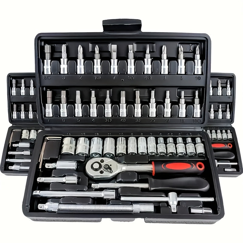 Basic automotive repair manual tool set, including a set of mechanical tools, including ratchet handle, extension pole, universal joint, slider, SAE and metric sockets, hex wrench, and plastic toolbox, excluding batteries. Uncharged manual tool set - Image 3