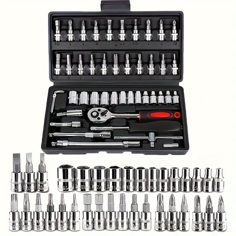 Basic automotive repair manual tool set, including a set of mechanical tools, including ratchet handle, extension pole, universal joint, slider, SAE and metric sockets, hex wrench, and plastic toolbox, excluding batteries. Uncharged manual tool set - Image 4