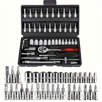 Basic automotive repair manual tool set, including a set of mechanical tools, including ratchet handle, extension pole, universal joint, slider, SAE and metric sockets, hex wrench, and plastic toolbox, excluding batteries. Uncharged manual tool set - Image 4