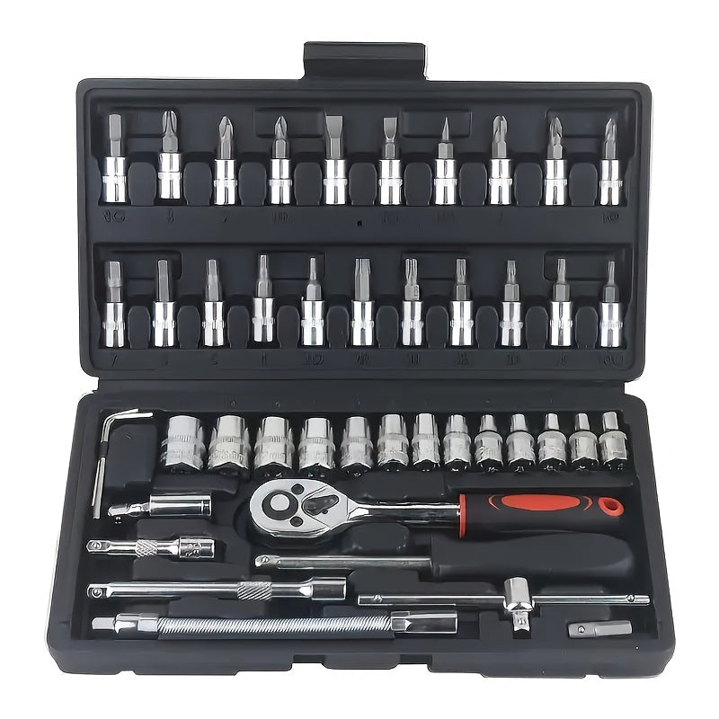 Basic automotive repair manual tool set, including a set of mechanical tools, including ratchet handle, extension pole, universal joint, slider, SAE and metric sockets, hex wrench, and plastic toolbox, excluding batteries. Uncharged manual tool set - Image 5