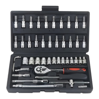 Basic automotive repair manual tool set, including a set of mechanical tools, including ratchet handle, extension pole, universal joint, slider, SAE and metric sockets, hex wrench, and plastic toolbox, excluding batteries. Uncharged manual tool set - Image 5