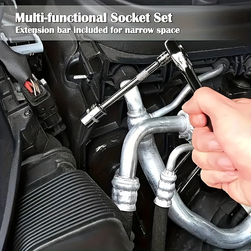 Basic automotive repair manual tool set, including a set of mechanical tools, including ratchet handle, extension pole, universal joint, slider, SAE and metric sockets, hex wrench, and plastic toolbox, excluding batteries. Uncharged manual tool set - Image 6