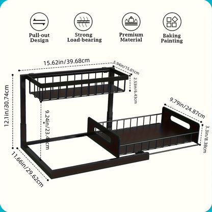 Kitchen sink storage box, pull-out cabinet storage box 2-layer sliding sink rack cabinet storage rack, kitchen bathroom cabinet sink drain storage pull-out frame - Image 2