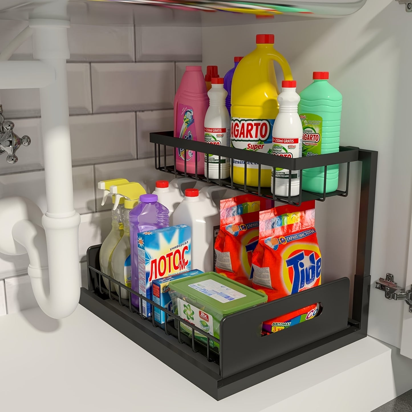 Kitchen sink storage box, pull-out cabinet storage box 2-layer sliding sink rack cabinet storage rack, kitchen bathroom cabinet sink drain storage pull-out frame - Image 3