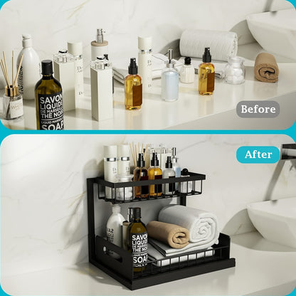 Kitchen sink storage box, pull-out cabinet storage box 2-layer sliding sink rack cabinet storage rack, kitchen bathroom cabinet sink drain storage pull-out frame - Image 4