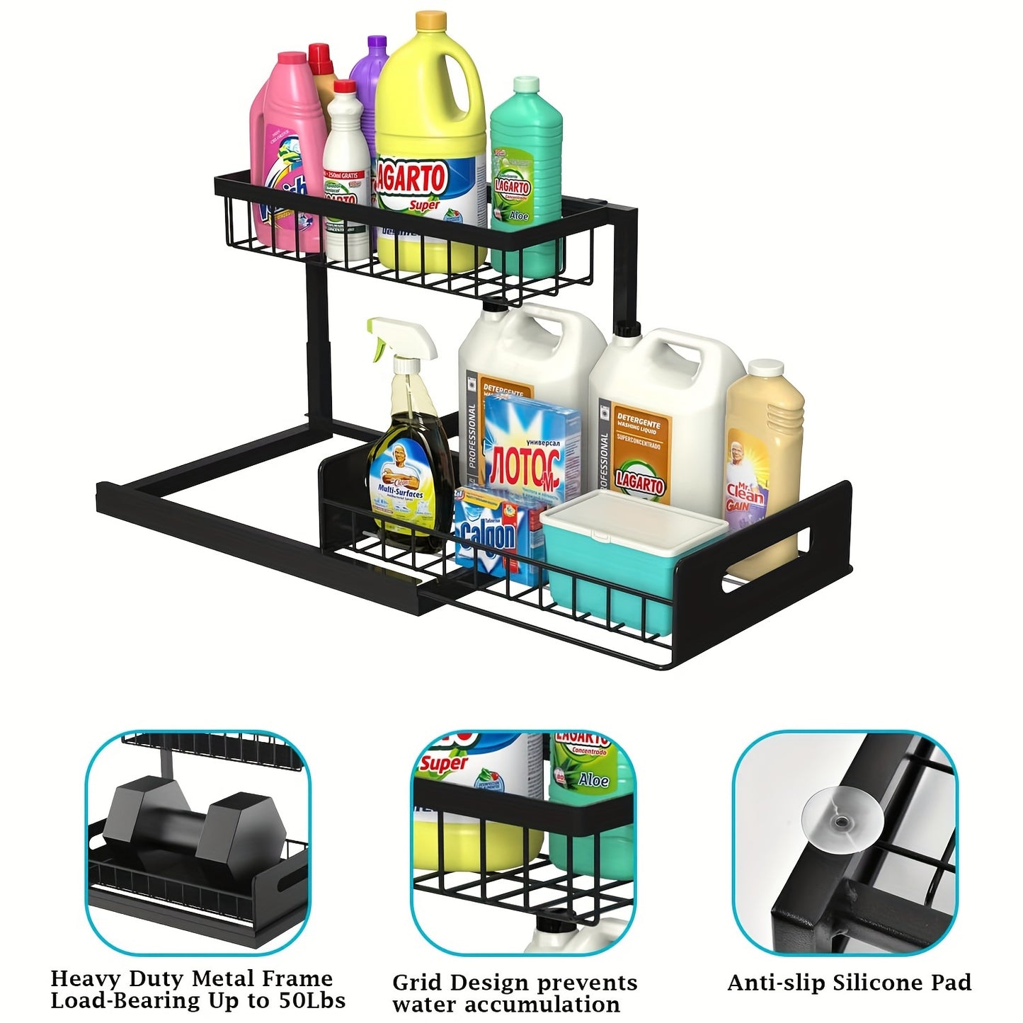 Kitchen sink storage box, pull-out cabinet storage box 2-layer sliding sink rack cabinet storage rack, kitchen bathroom cabinet sink drain storage pull-out frame - Image 5