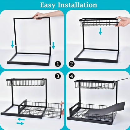 Kitchen sink storage box, pull-out cabinet storage box 2-layer sliding sink rack cabinet storage rack, kitchen bathroom cabinet sink drain storage pull-out frame - Image 6