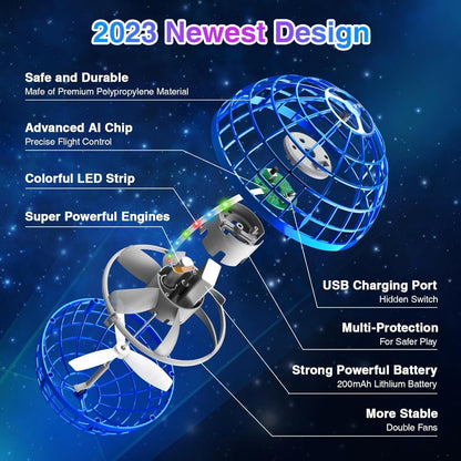 Flying Ball Toy – Hand-controlled Reaction Dart Rotating Drone with LED Lights, Floating Ball Finger Toy, Suitable for Children and Teenagers, Rechargeable Magic Ball, Indoor and Outdoor Play, Christmas and Birthday Gifts (Blue) - Image 3