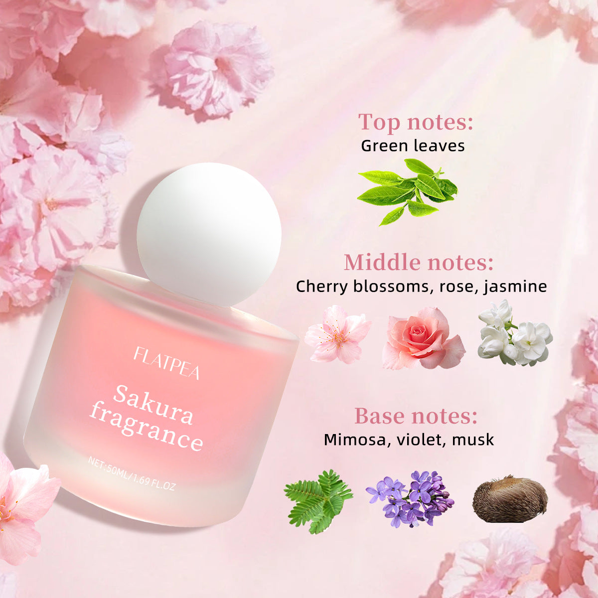 Hot-selling Cherry Blossom Women's Perfume Spray Natural Freshness Long-lasting Fragrance No Alcohol 50ml - Image 2