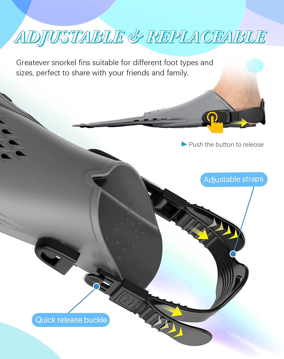 Gray Adjustable Open Heel Snorkel Fins, Travel-Size Short Swim Flippers for Snorkeling, Diving & Swimming, Adult Men & Women（S/M） - Image 2