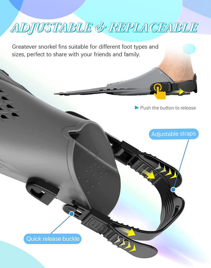 Gray Adjustable Open Heel Snorkel Fins, Travel-Size Short Swim Flippers for Snorkeling, Diving & Swimming, Adult Men & Women（S/M） - Image 2