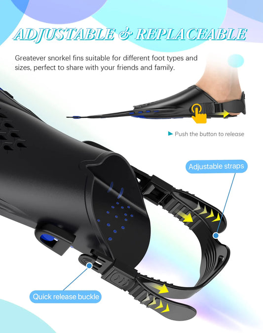 Blue Adjustable Open Heel Snorkel Fins, Travel-Size Short Swim Flippers for Snorkeling, Diving & Swimming, Adult Men & Women（L/XL） - Image 3