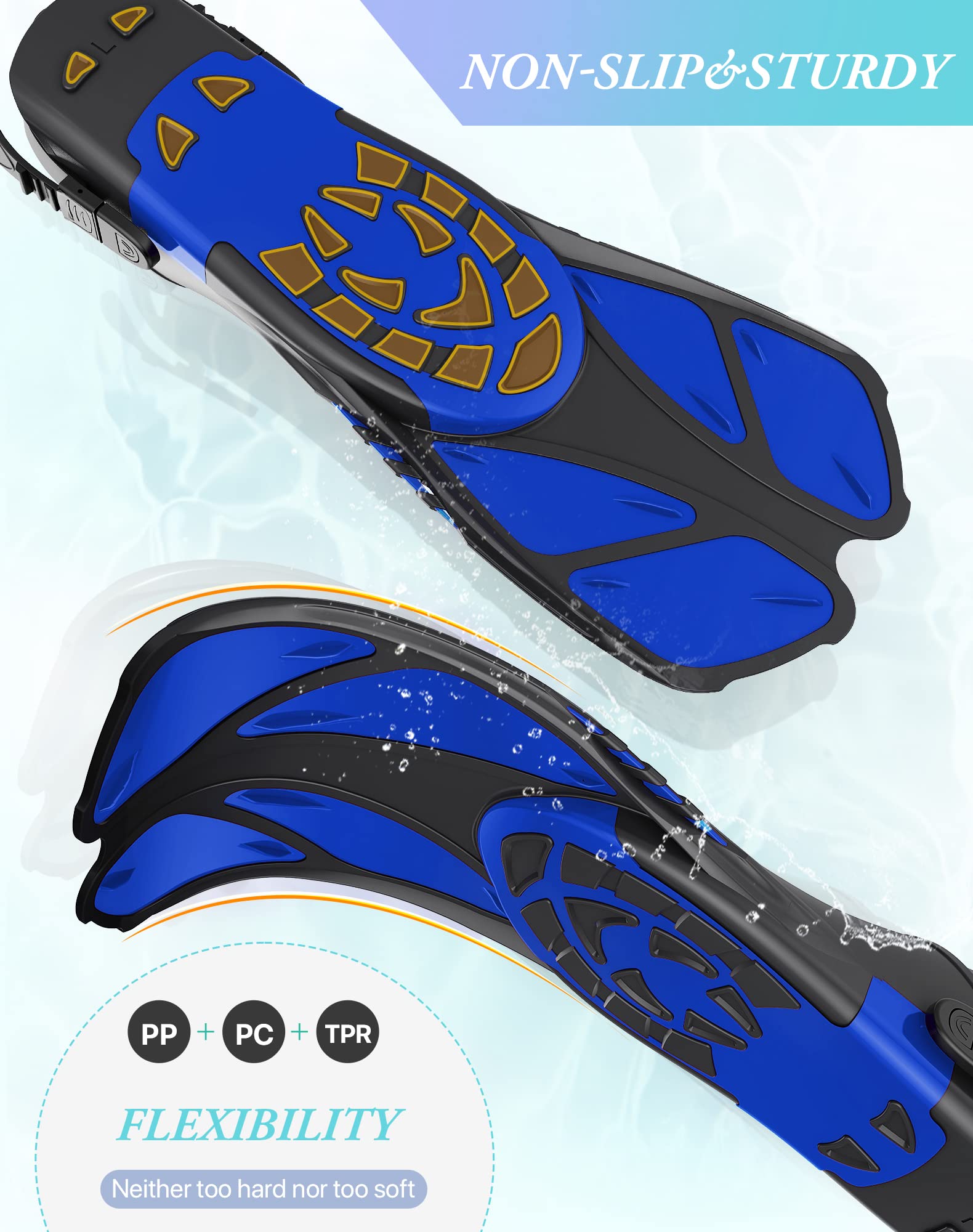Blue Adjustable Open Heel Snorkel Fins, Travel-Size Short Swim Flippers for Snorkeling, Diving & Swimming, Adult Men & Women（L/XL） - Image 4