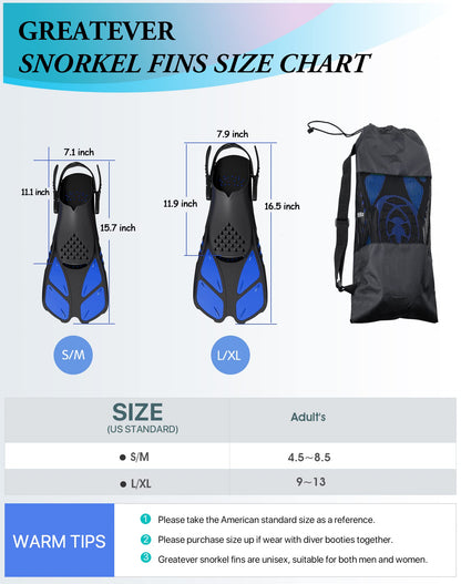 Blue Adjustable Open Heel Snorkel Fins, Travel-Size Short Swim Flippers for Snorkeling, Diving & Swimming, Adult Men & Women（L/XL） - Image 6