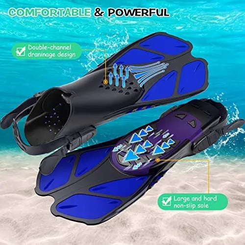 Blue Adjustable Open Heel Snorkel Fins, Travel-Size Short Swim Flippers for Snorkeling, Diving & Swimming, Adult Men & Women（S/M） - Image 2