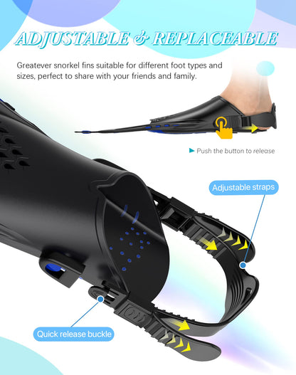 Blue Adjustable Open Heel Snorkel Fins, Travel-Size Short Swim Flippers for Snorkeling, Diving & Swimming, Adult Men & Women（S/M） - Image 3