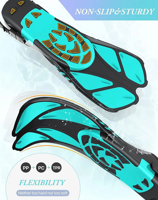 Green Adjustable Open Heel Snorkel Fins, Travel-Size Short Swim Flippers for Snorkeling, Diving & Swimming, Adult Men & Women（L/XL） - Image 3