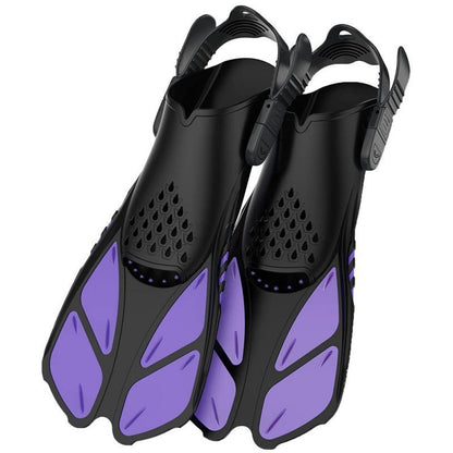 Purple Adjustable Open Heel Snorkel Fins, Travel-Size Short Swim Flippers for Snorkeling, Diving & Swimming, Adult Men & Women（L/XL）