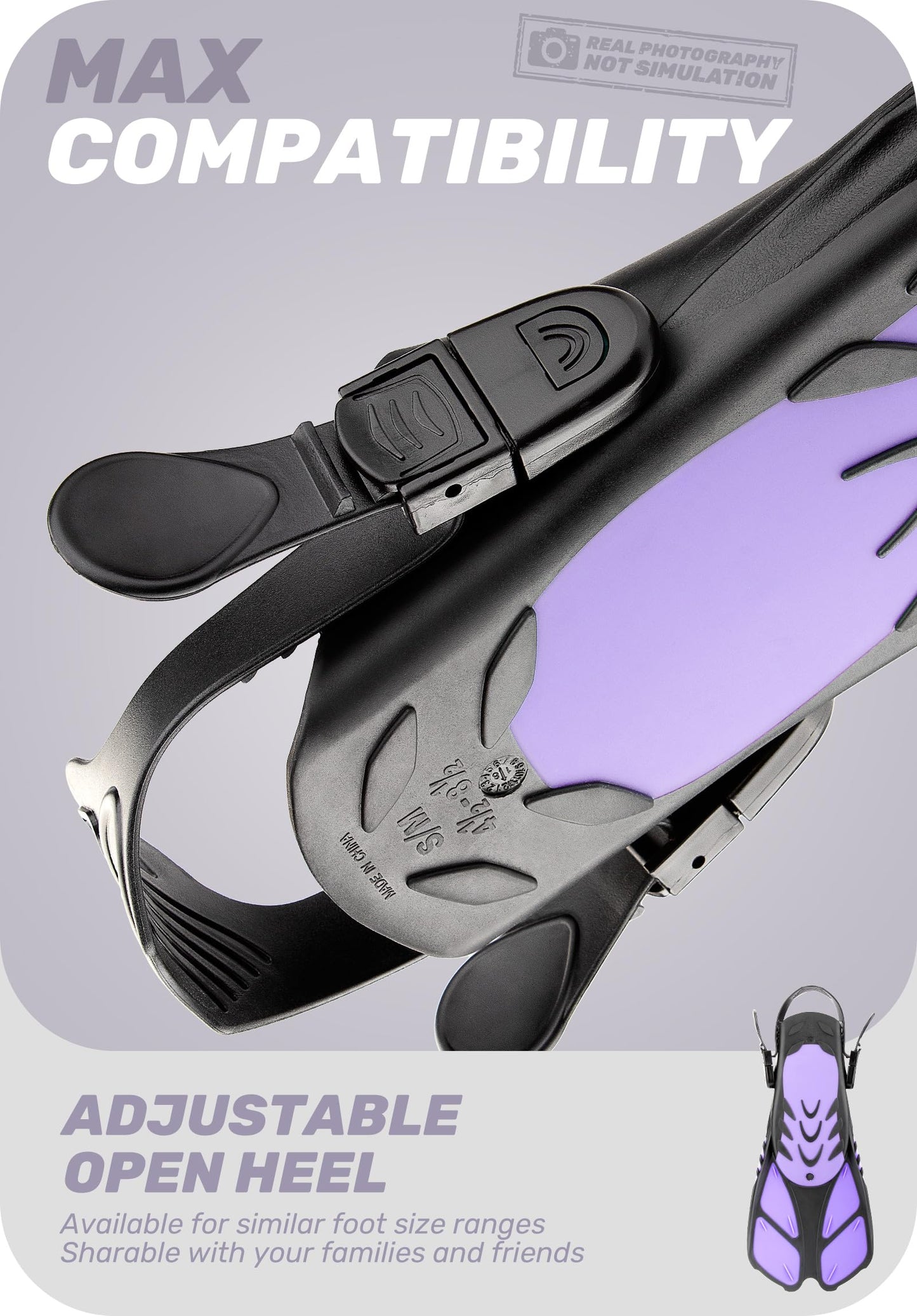 Purple Adjustable Open Heel Snorkel Fins, Travel-Size Short Swim Flippers for Snorkeling, Diving & Swimming, Adult Men & Women（L/XL） - Image 2