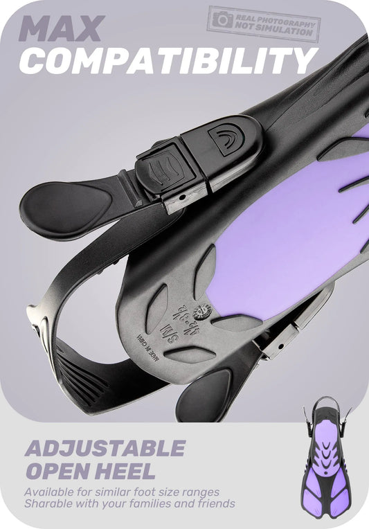 Purple Adjustable Open Heel Snorkel Fins, Travel-Size Short Swim Flippers for Snorkeling, Diving & Swimming, Adult Men & Women（S/M） - Image 2