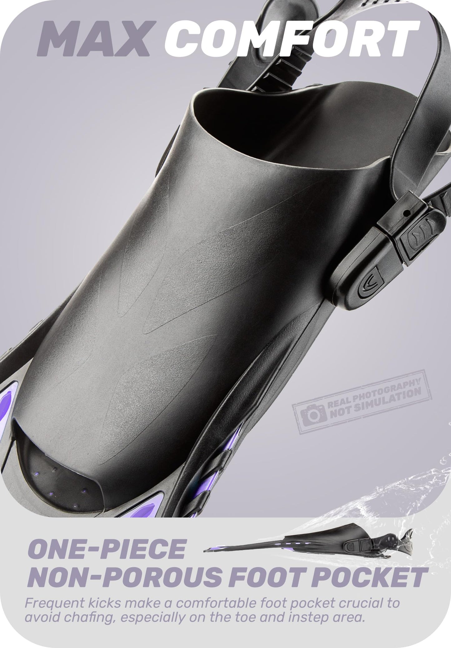 Purple Adjustable Open Heel Snorkel Fins, Travel-Size Short Swim Flippers for Snorkeling, Diving & Swimming, Adult Men & Women（S/M） - Image 3