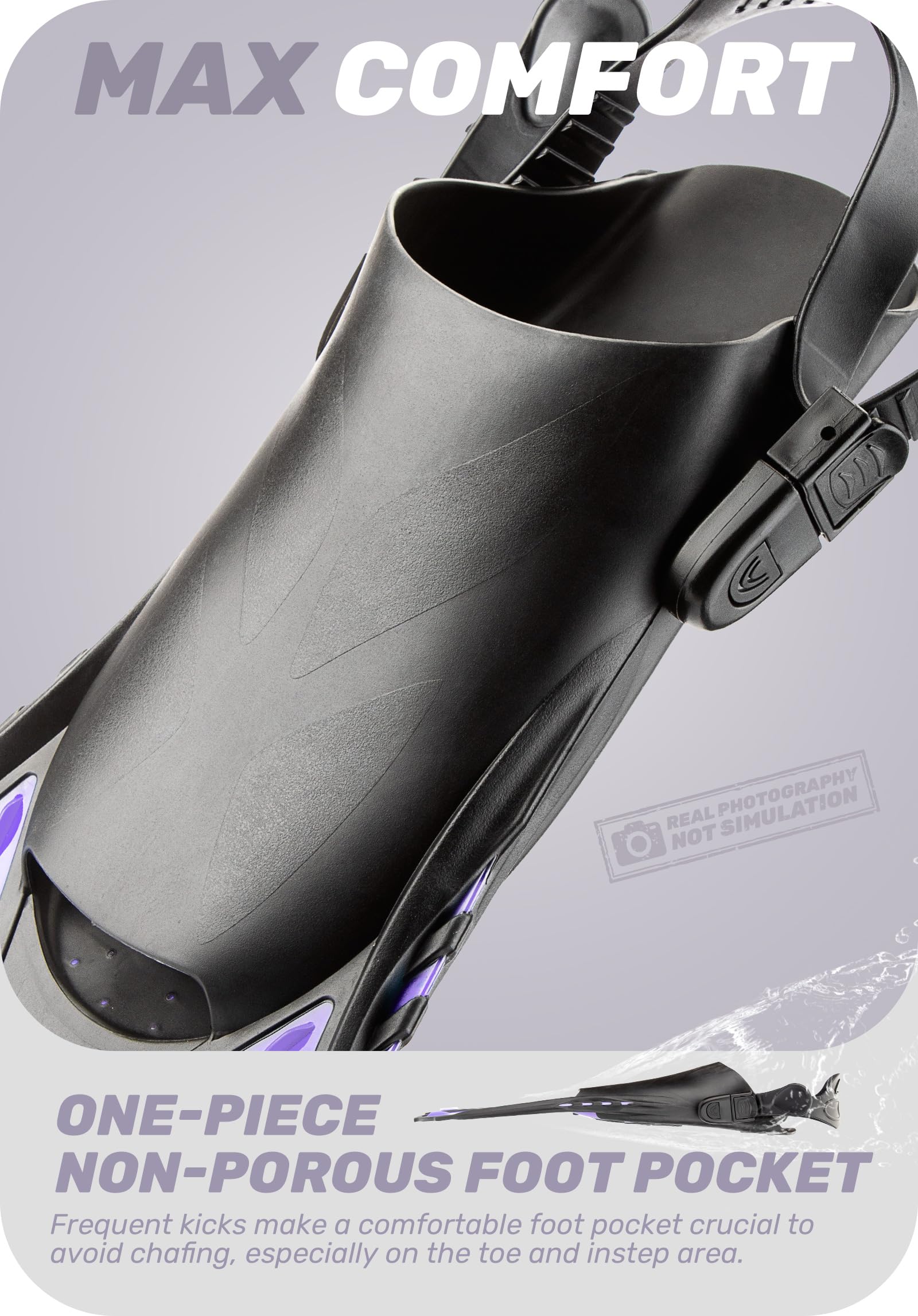 Purple Adjustable Open Heel Snorkel Fins, Travel-Size Short Swim Flippers for Snorkeling, Diving & Swimming, Adult Men & Women（S/M） - Image 3