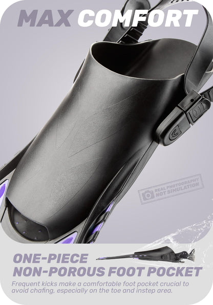 Purple Adjustable Open Heel Snorkel Fins, Travel-Size Short Swim Flippers for Snorkeling, Diving & Swimming, Adult Men & Women（S/M） - Image 3