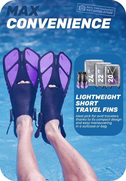 Purple Adjustable Open Heel Snorkel Fins, Travel-Size Short Swim Flippers for Snorkeling, Diving & Swimming, Adult Men & Women（S/M） - Image 4